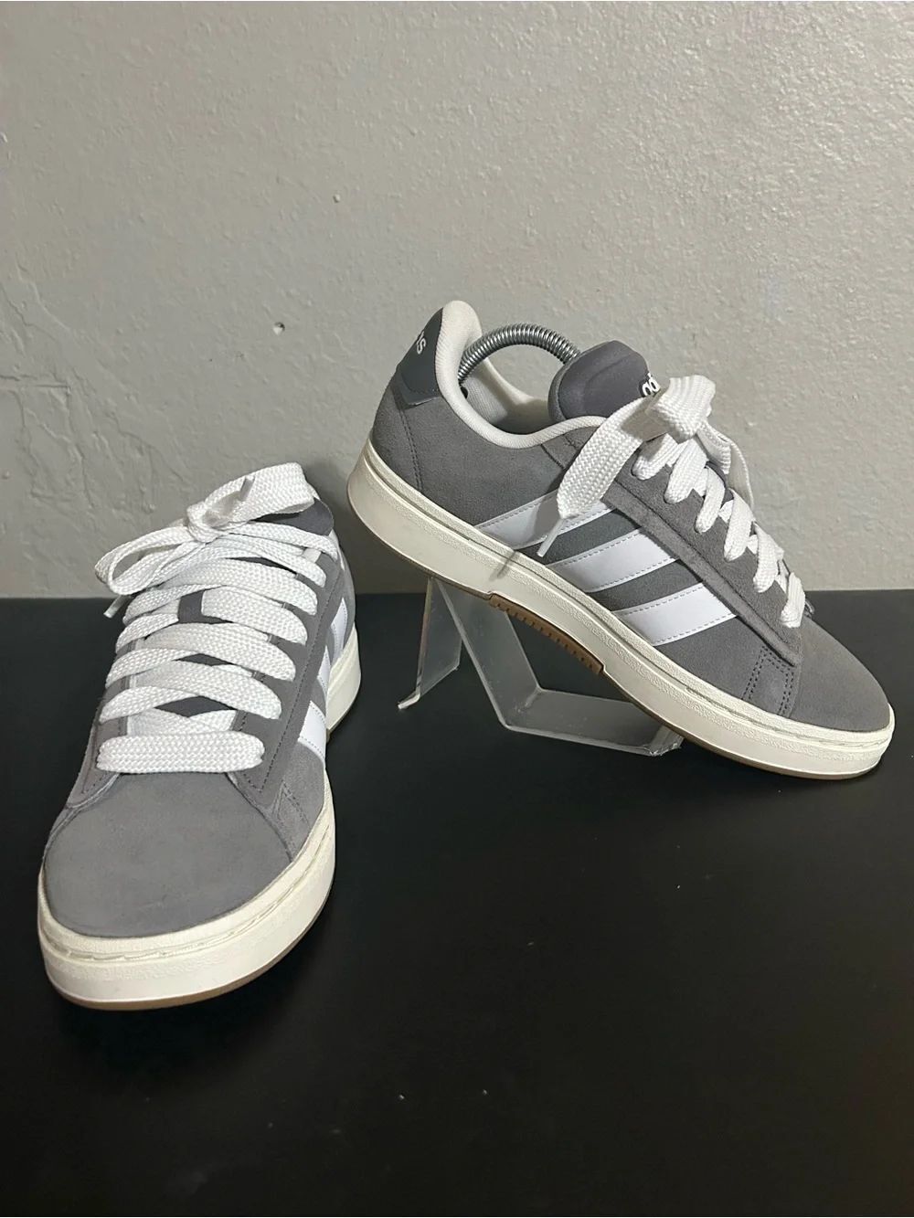 Adidas Men's Gray Suede Low-Top Sneakers with White Stripes size 9